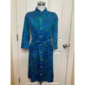 St. John Sport Blue & Green Animal Print Belted Shirt Dress, Size P